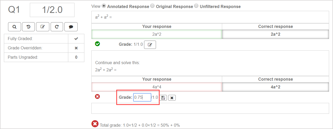 The part grade field is shown as editable for the response area.